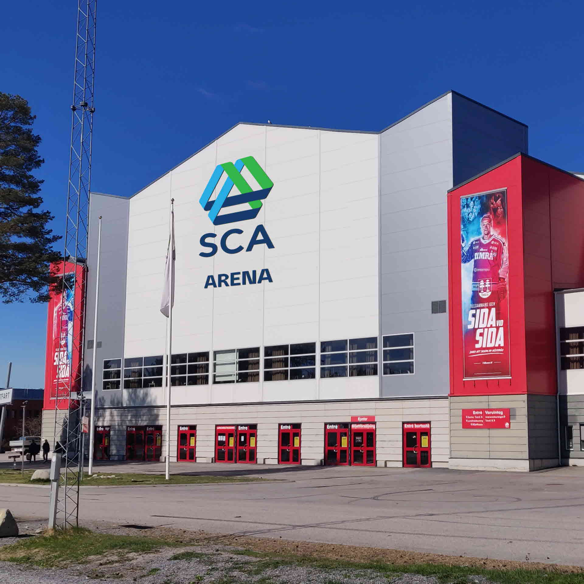 Fasadskylt på SCA-arena i Timrå.