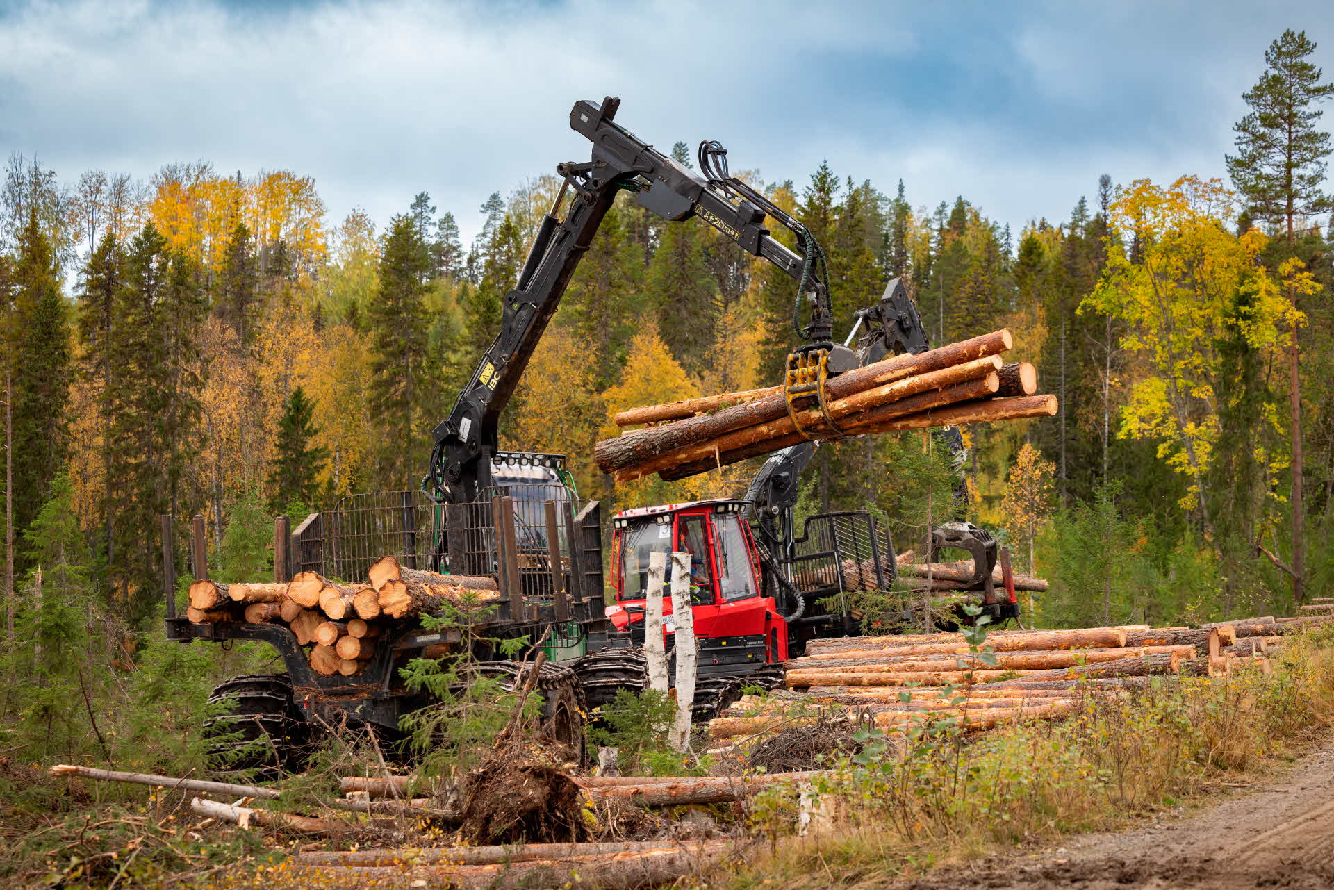 Skogsmaskin med lärare och elev