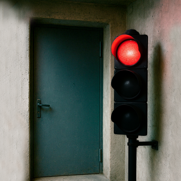 Trafikljus lyser rött utanfr förrådsdörr