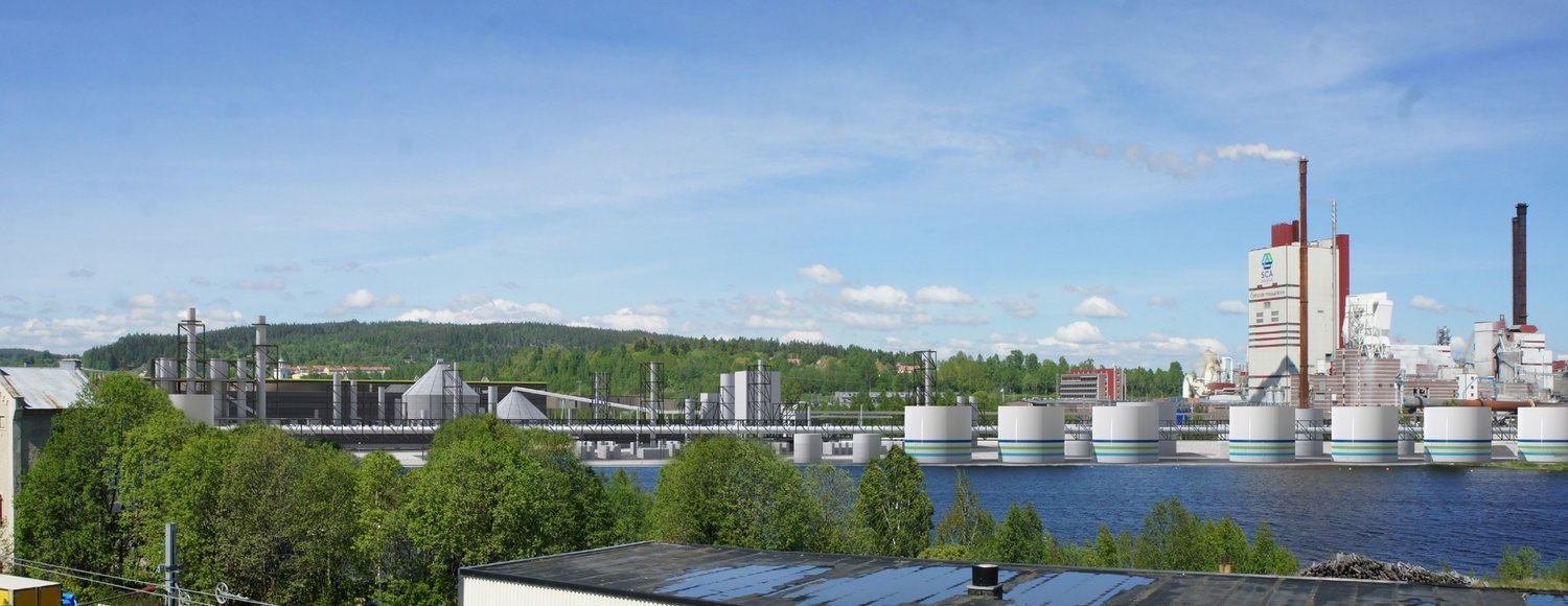 The image is a photomontage of a possible biorefinery at Östrand