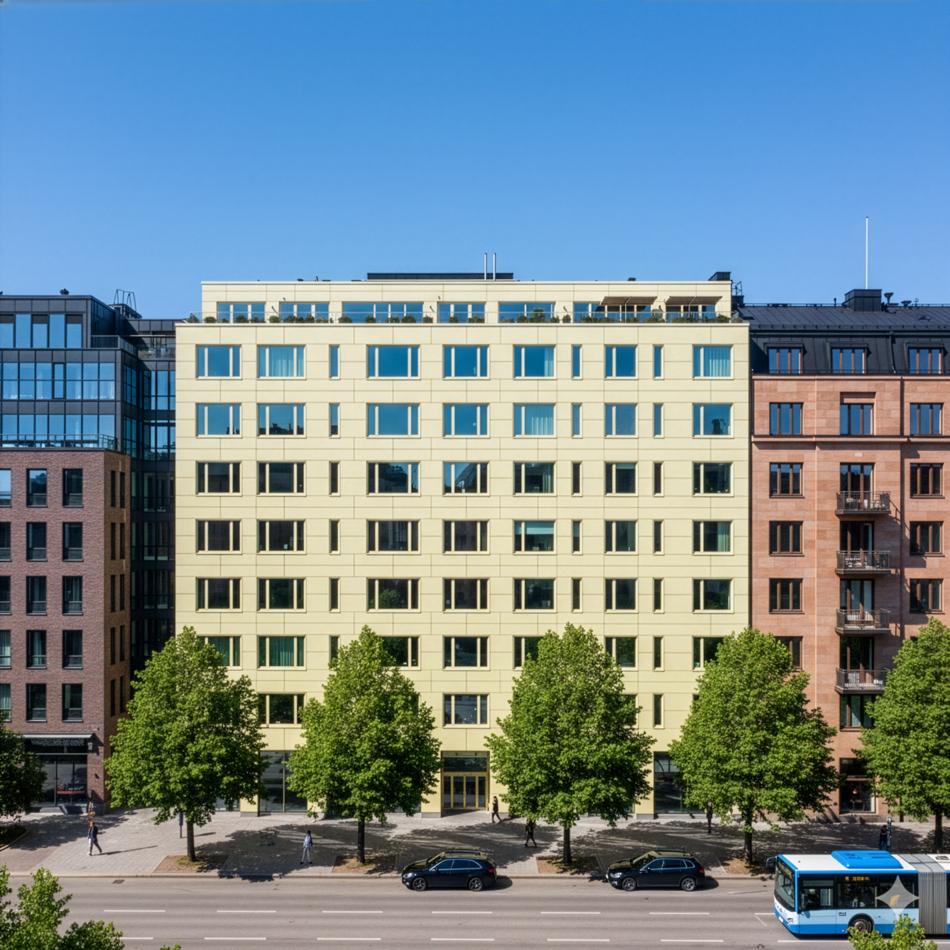 Närbild på ett modernt flervåningshus.