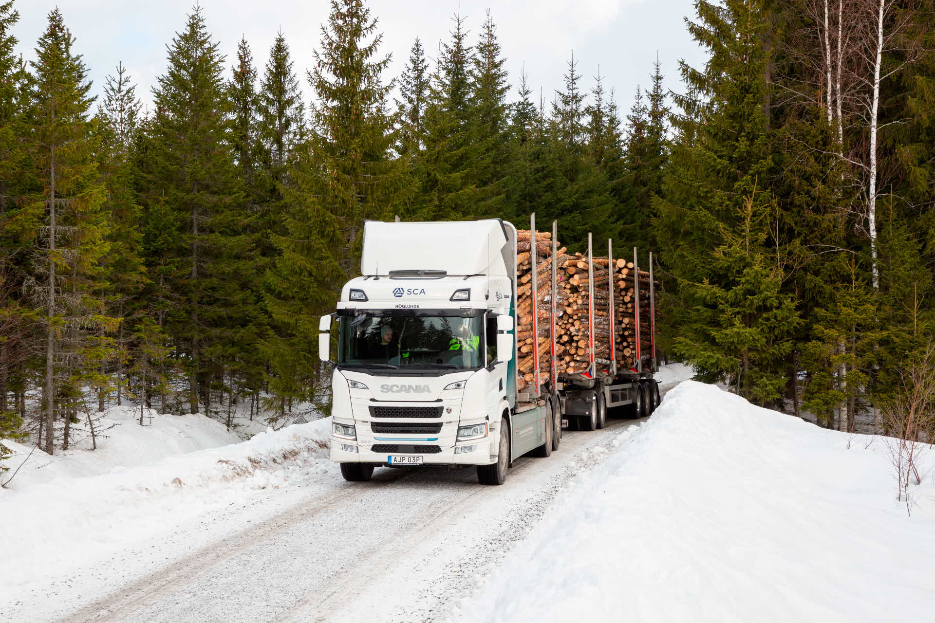 Electric timber truck in the forest.