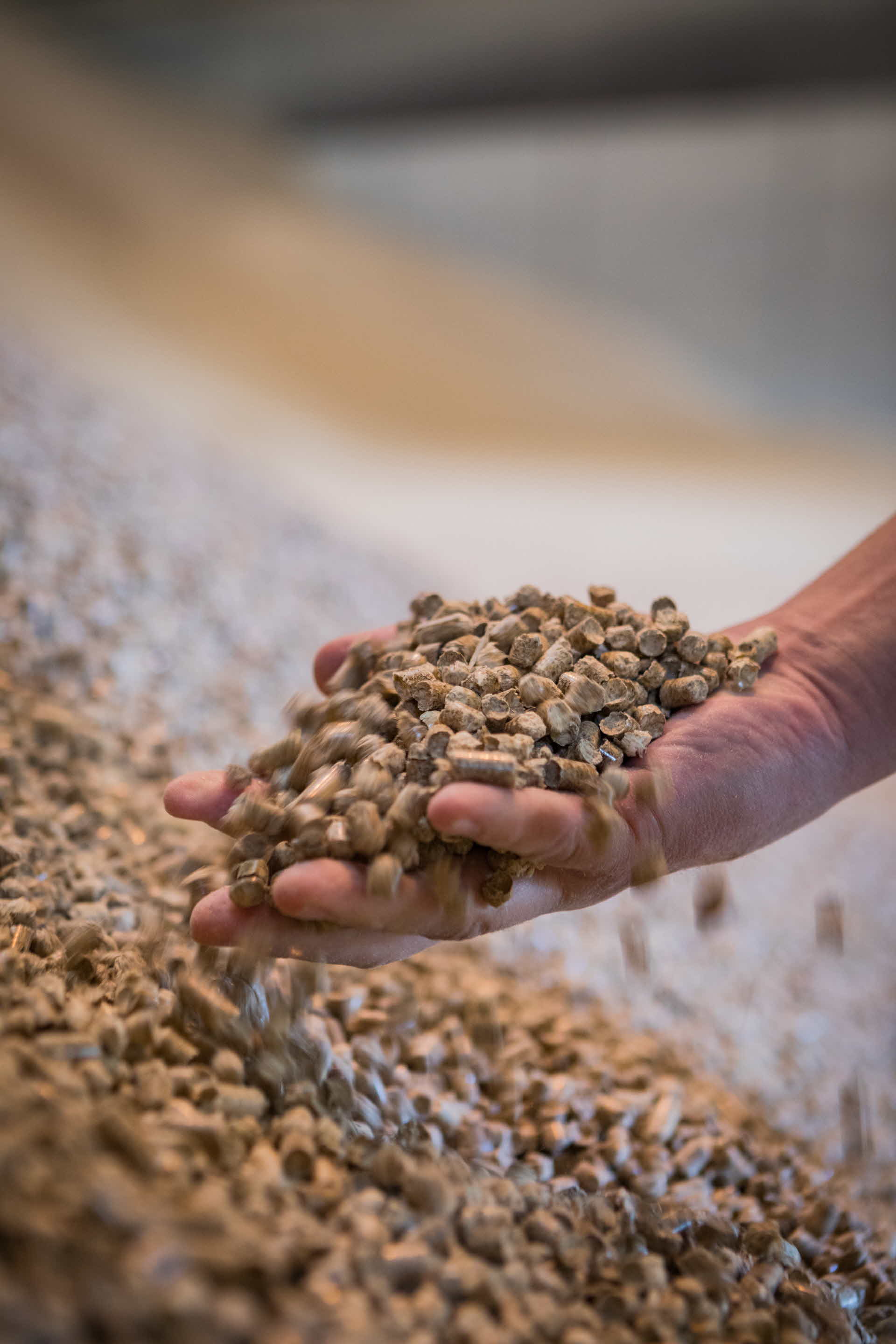 Hand som öser pellets