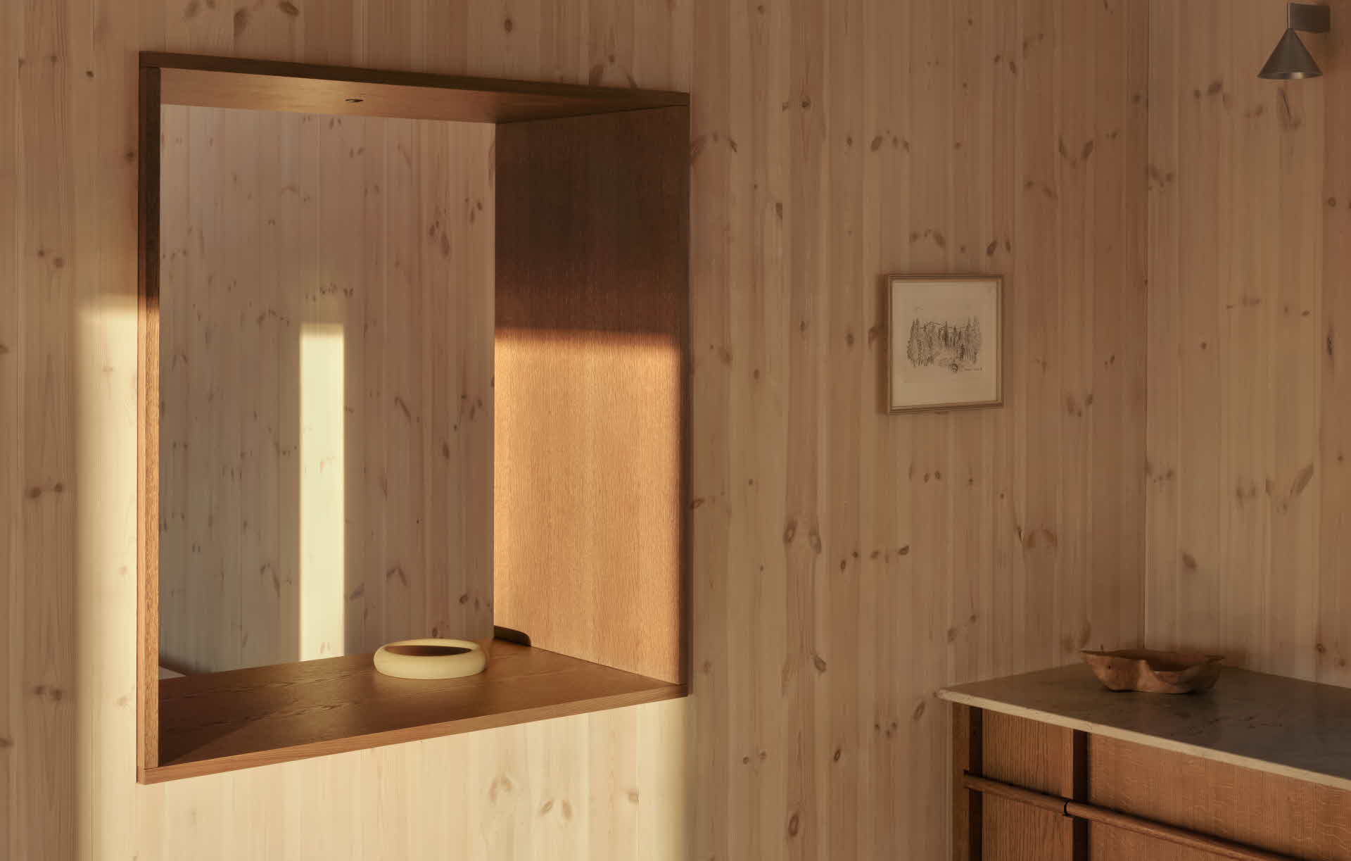 A wood-clad interior wall.