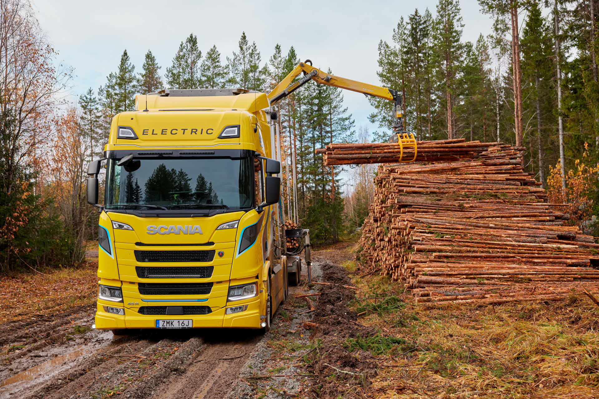 Electric timber truck with crane