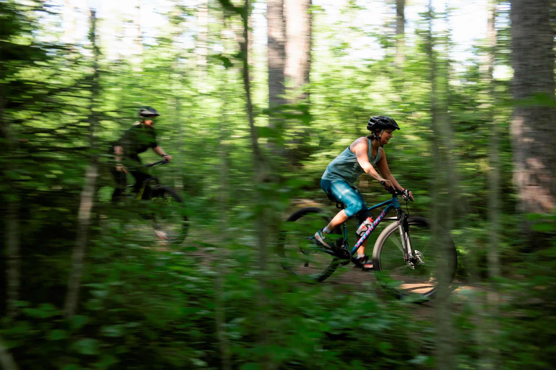 Two cyclists are riding through a green forest.