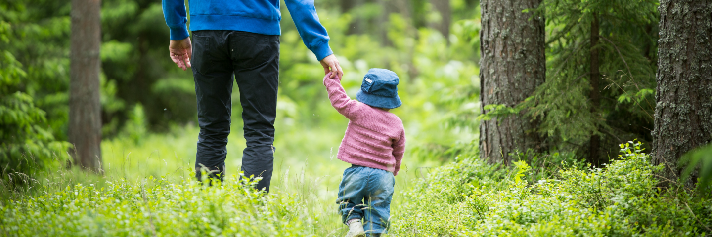 Förälder går med litet barn i skogenParent walking with small child in the forest