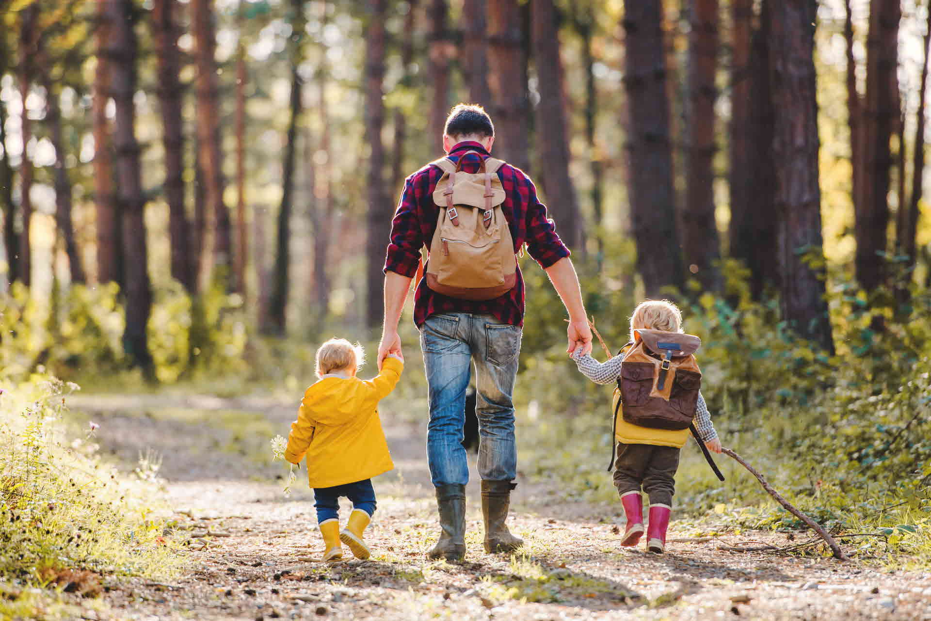 En man som promenerar på en skogsstig, med två små barn promenerandes vid sidan av honom.