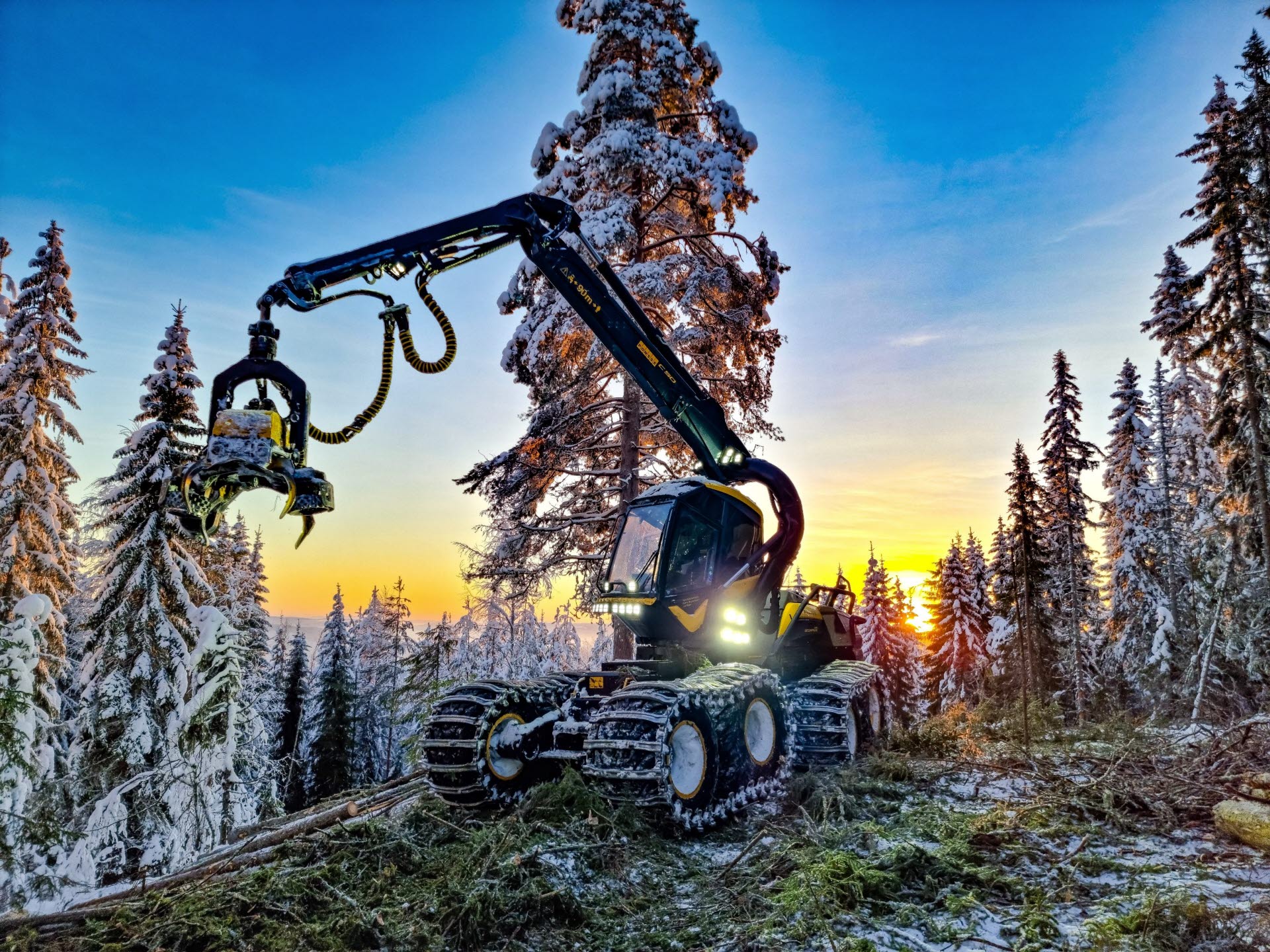 Skogsmaskin under arbete vintertid. I bakgrunden är det solnedgång.