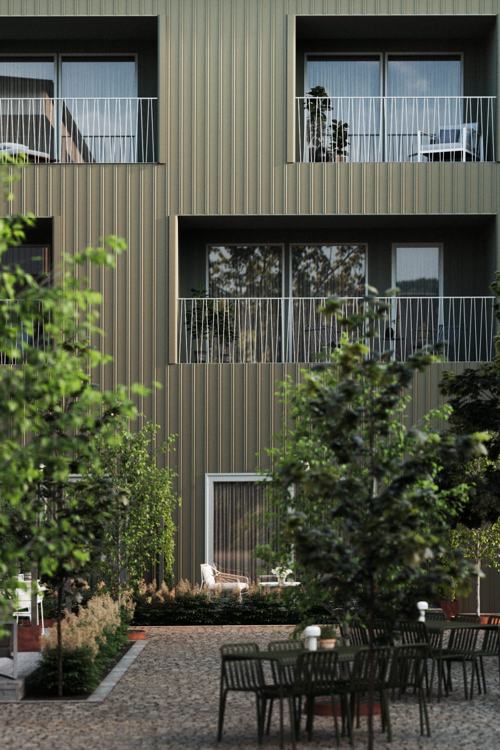 A dark green apartment building.