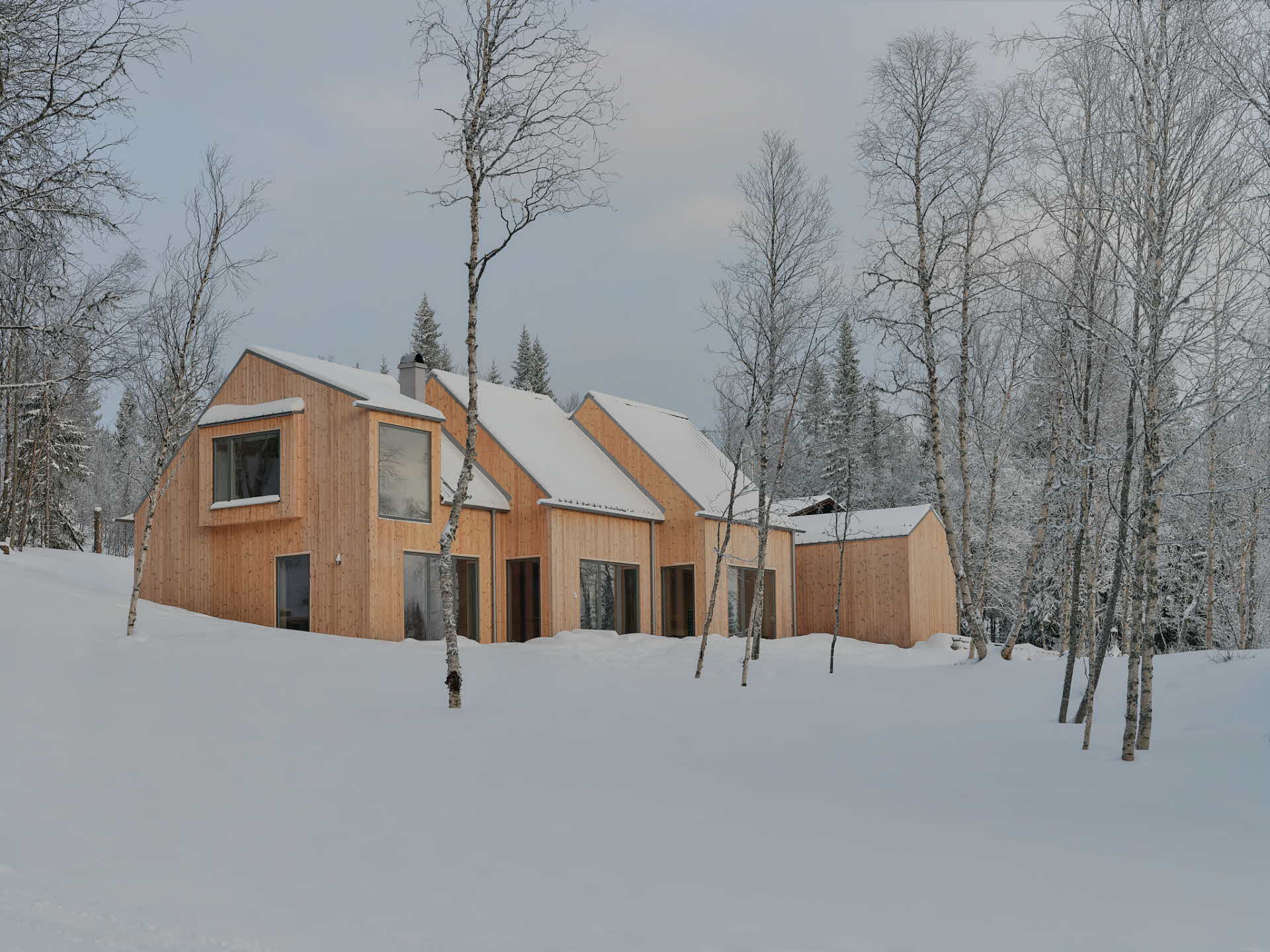 Fjället Cabin med ytterpanel från SCA, omgiven av ett snöigt landskap.