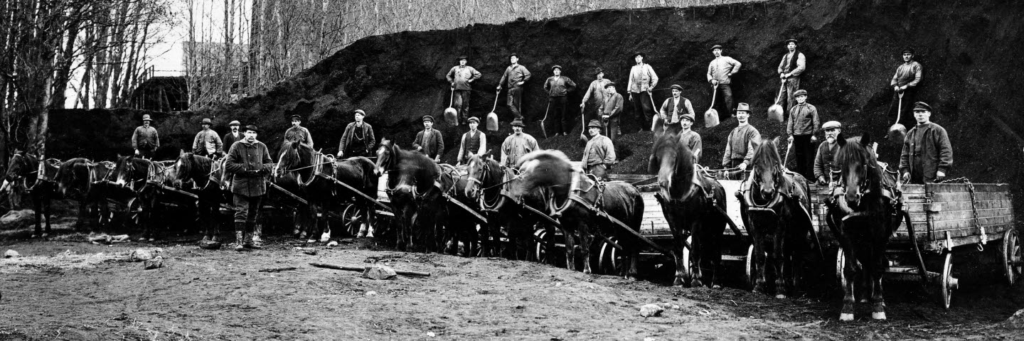 Kolkörare med hästar framför kolupplag och kolmagasin, 1900