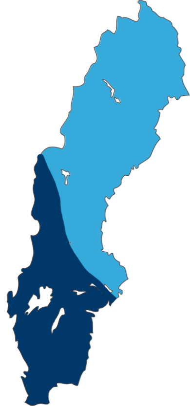 Sverigekarta som delas med en linje från Åre till Stockholm. Norr om den linjen levererar vi bulk