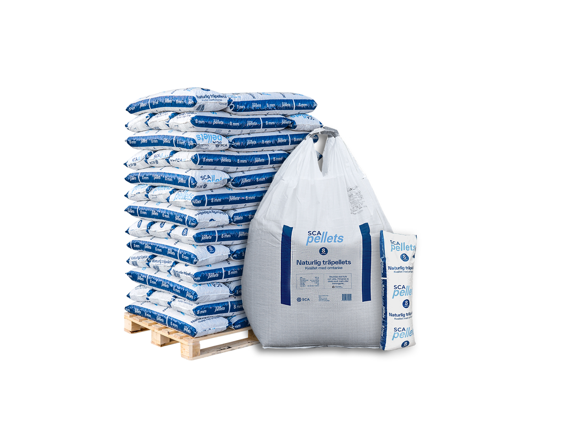 Småsäck med 16 kg pellets, en pall med pelletssäckar samt en storsäck