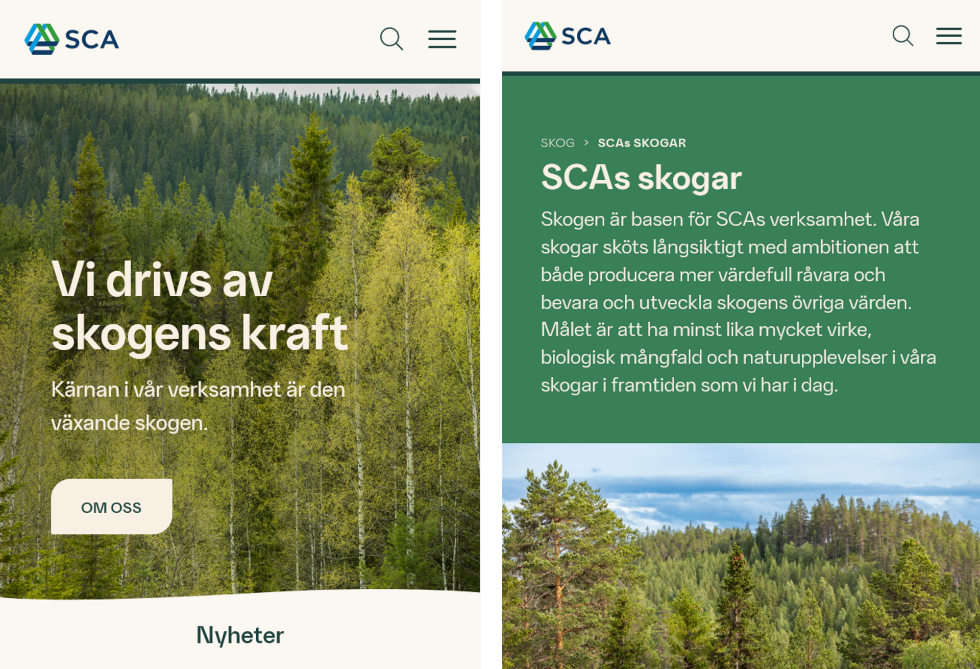 Två bilder över den översta bildsektionen på sca.coms startsida och Skog-sidan, som utvisas som exempel för hur denna yta ska se ut för mobilanvändare.