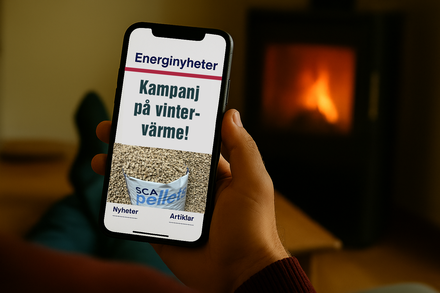 Mobil med nyhet om kampanj på vintervärme