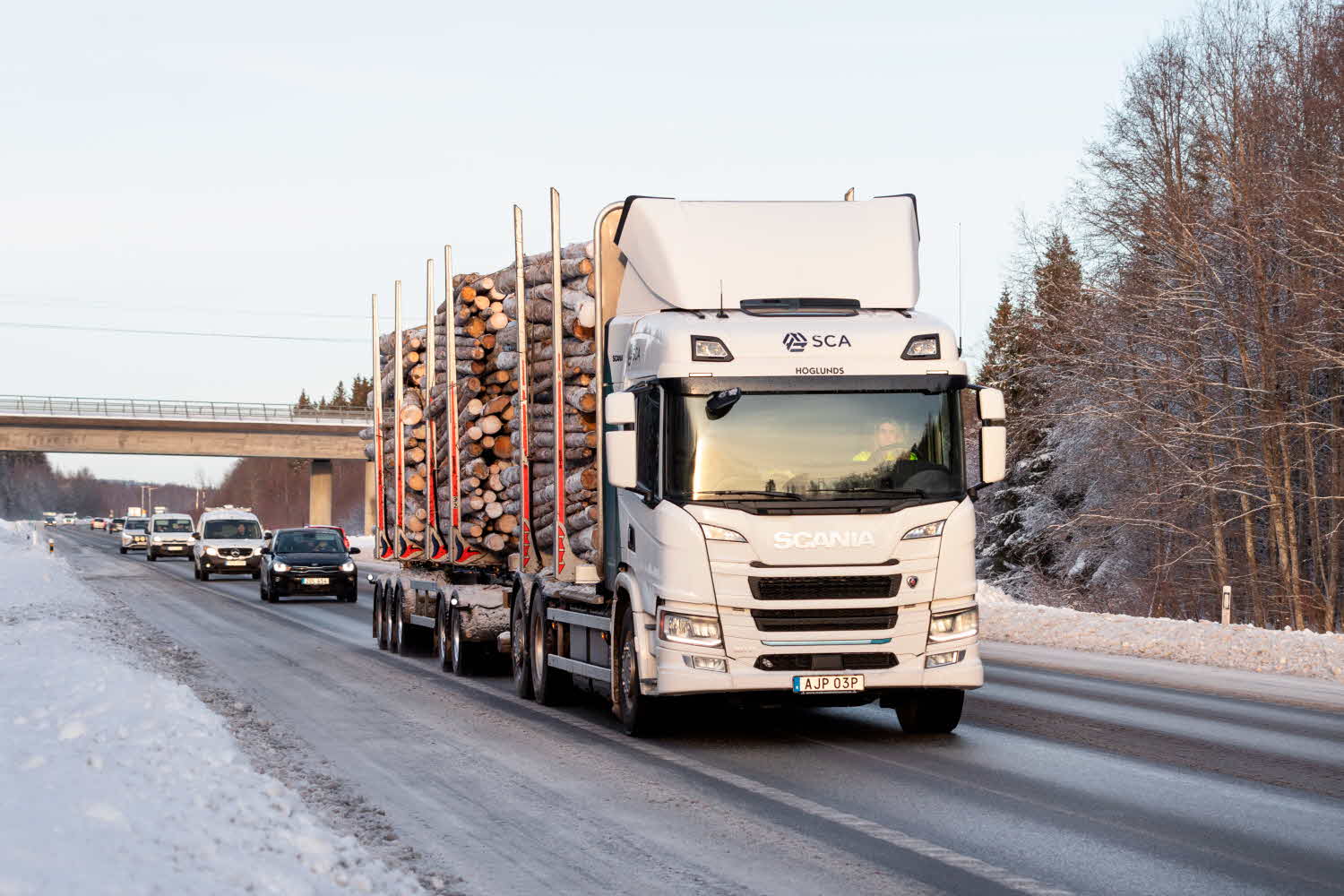 The electric timber truck is driving on the road. 