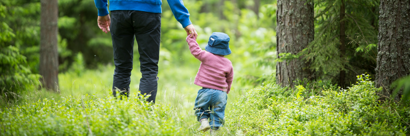Förälder går med litet barn i skogenParent walking with small child in the forest