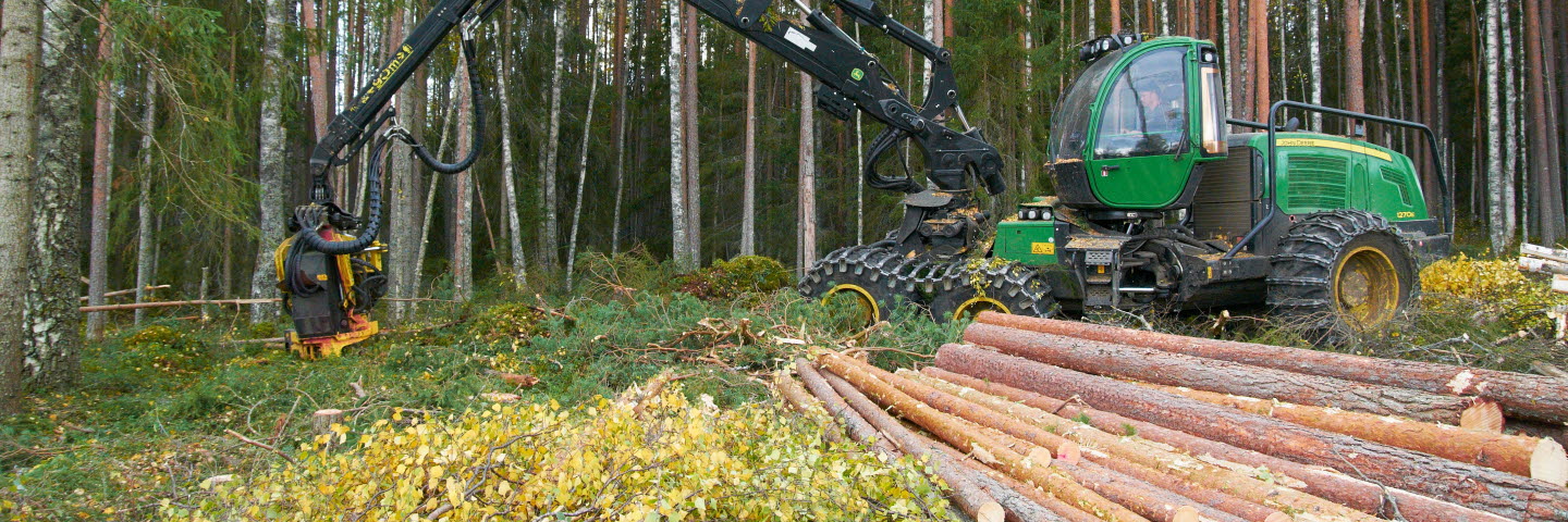 John Deere harvester in the forest. SCA Skog, SCA Forest Products. The photo is taken in Östavall, Sweden.John Deere skördare i skogen. SCA Skog, SCA Forest Products. Bilden är tagen i Östavall, Medelpad.