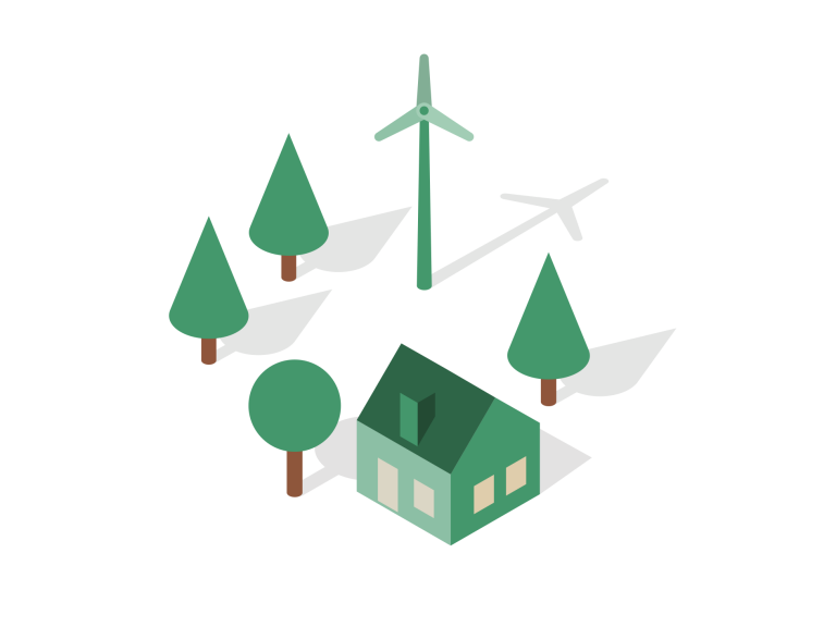 Hus vid vindkraftverk illustrerad